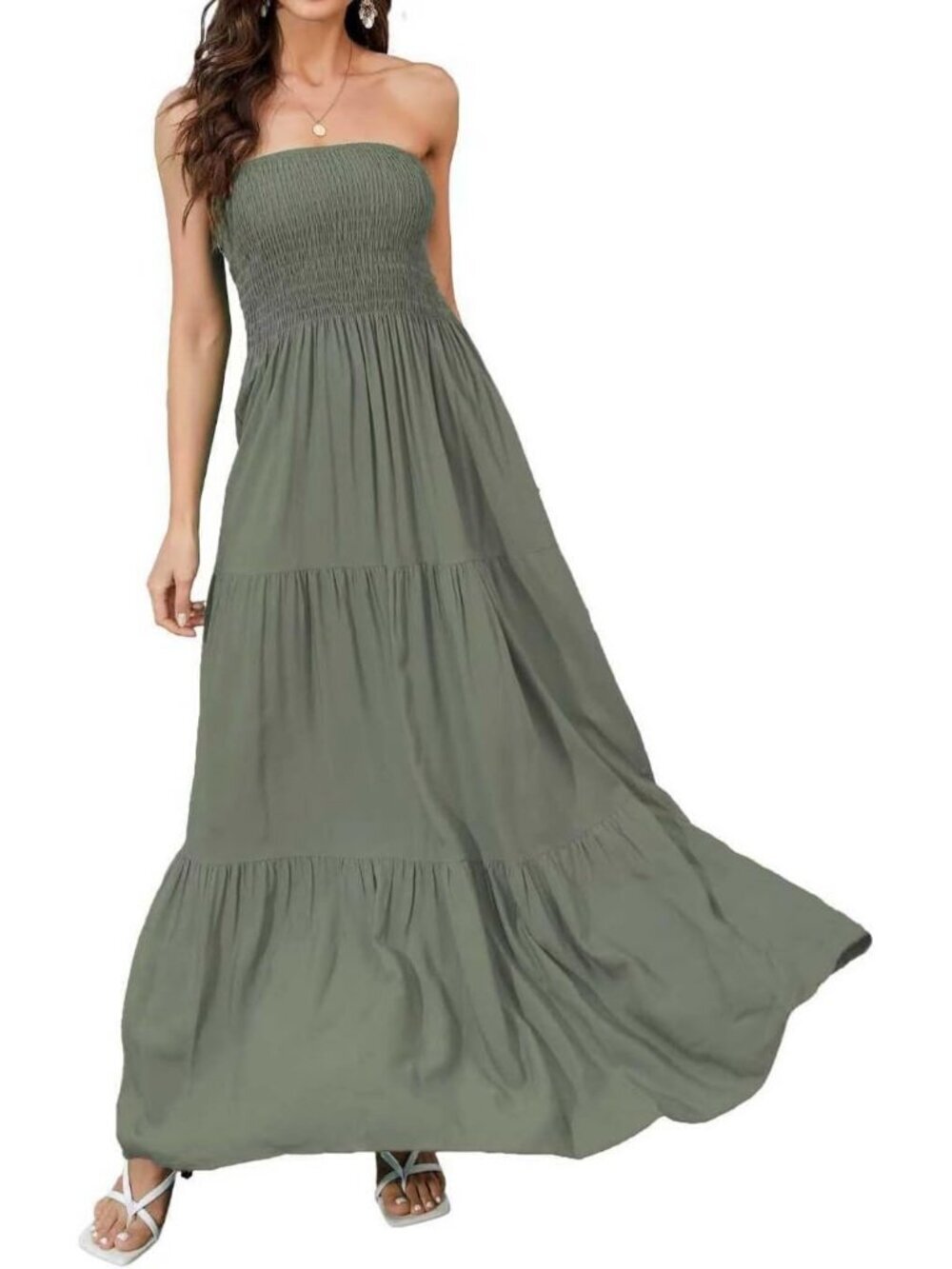 Women's Olive Stylish Strapless A Line Tube Top Backless Casual Sun Maxi Dress